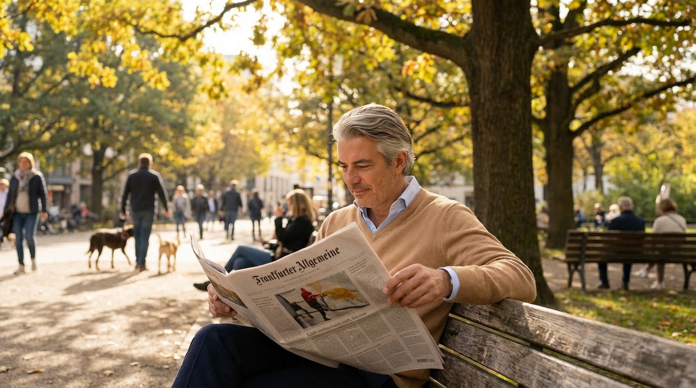 Inhaber einer Hausverwaltung liest Zeitung im Park